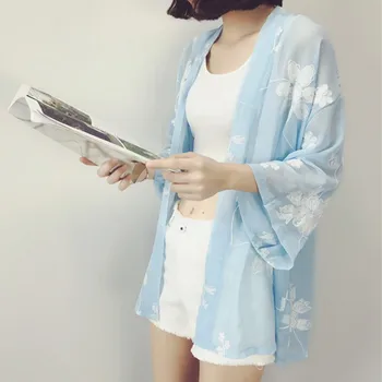 

Fashion Korean Flower Embroidery Cardigan Loose Bat Sleeve Mid-Long Sunscreen Cardigan Chiffon