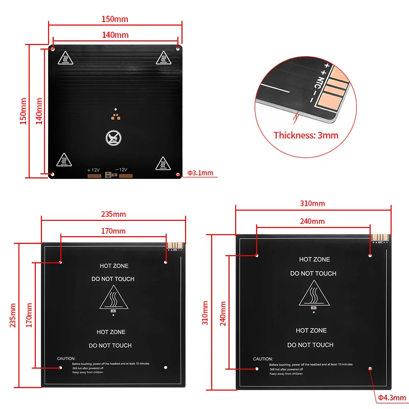 Kit de Viveiro Eixo y para Impressora 3d 150 mm 235 mm 310 mm 12v 24v com Termistores Ntc Cabo de Alimentação 100k - Imagem 3