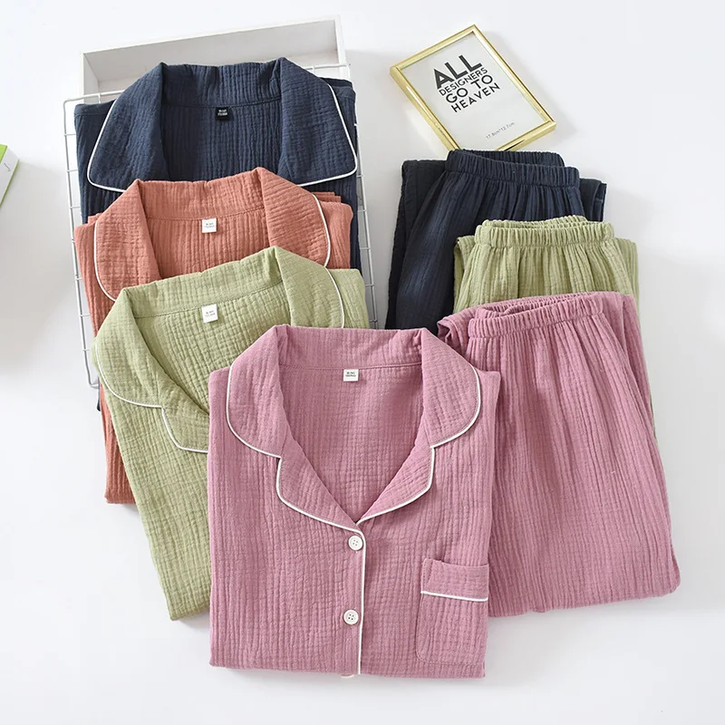 New spring and autumn pure cotton crepe cloth couple soft and breathable men long-sleeve simple home service women two piece set