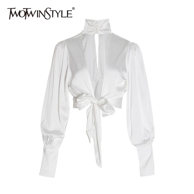 US $21.09 TWOTWINSTYLE Backless Women's Shirts Turtleneck Lantern Long Sleeve Bowknot Sexy Party Blouse Femal