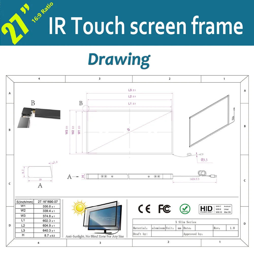 27 дюймов мульти ИК сенсорный экран панель 10 точек касания рамка инфракрасного сенсорного экрана накладка с высоким разрешением