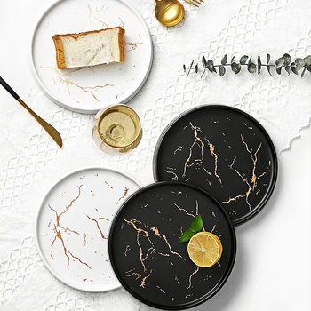 

oneisall 20Cm Gold Black Marble Ceramic Dish Porcelain Cutlery Set Kitchen Table European Decorative Dessert Steak Plate