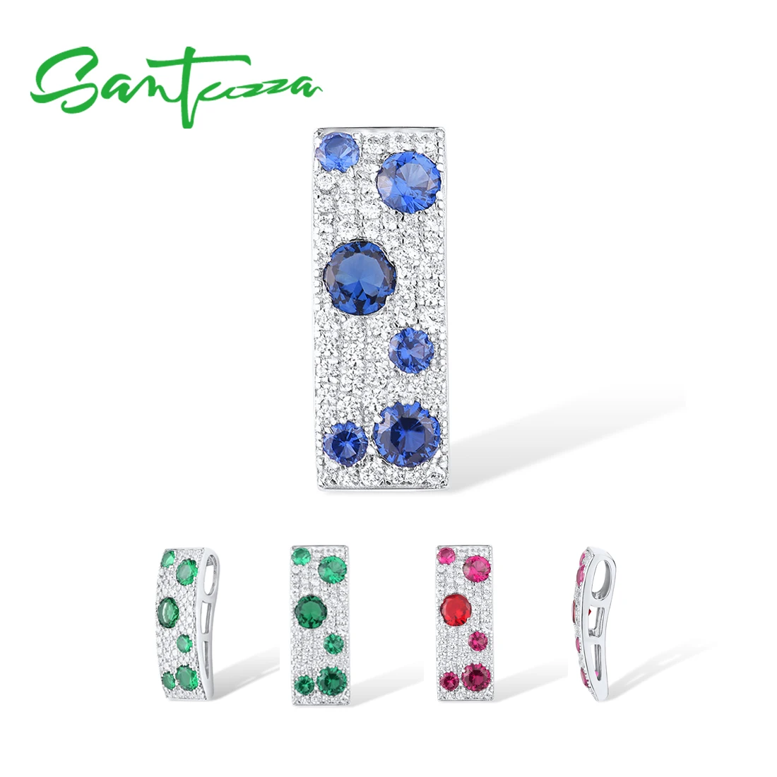 925 Sterling Silver Pendant for Women Rectangle Shiny Blue CZ Green Spinel Ruby Party Gift