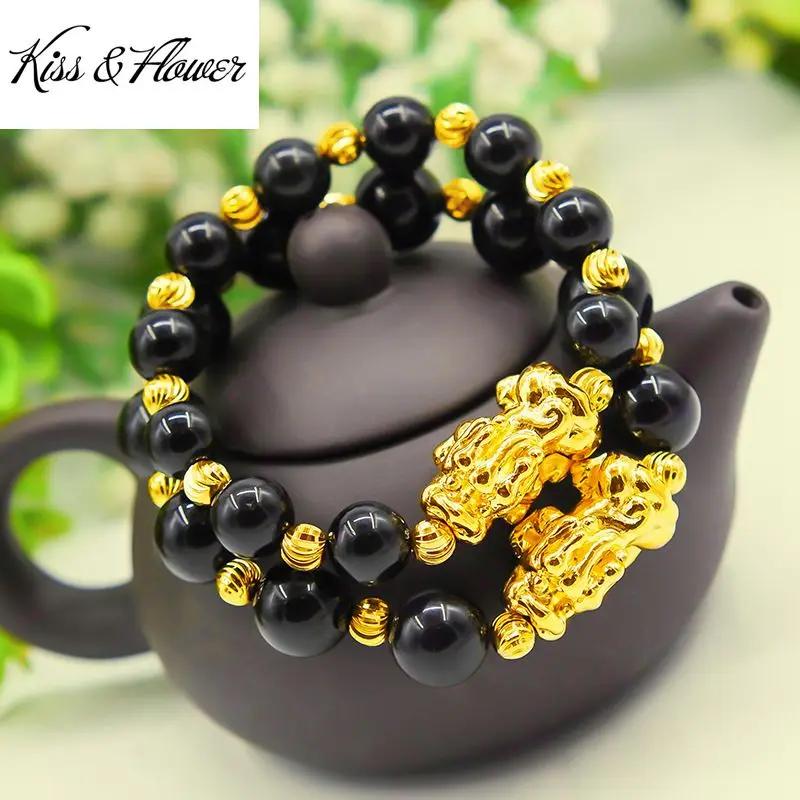 

KISS&FLOWER BR142 Fine Jewelry Wholesale Fashion Lovers Couple Birthday Wedding Gift PIXIU 10mm Bead 24KT Gold Pendant Bracelet