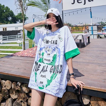 

Dark Icon Printed Patchwork Hiphop T-shirt Women Summer Loose Women's Tshirt Streetwear Couple Clothing