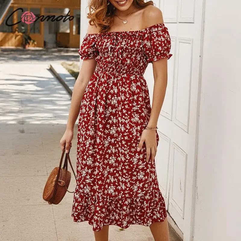 

Conmoto ruffles sexy off shoulder twist dress women ruched floral boho long dresses beach casual summer 2020 dress vestidos
