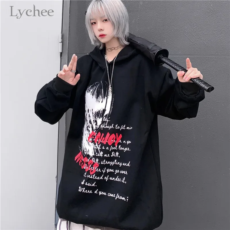 Lychee Женские флисовые толстовки с капюшоном в стиле Харадзюку с темными буквами, повседневные свободные женские толстовки с капюшоном, Пуловеры на весну, осень и зиму, женские топы