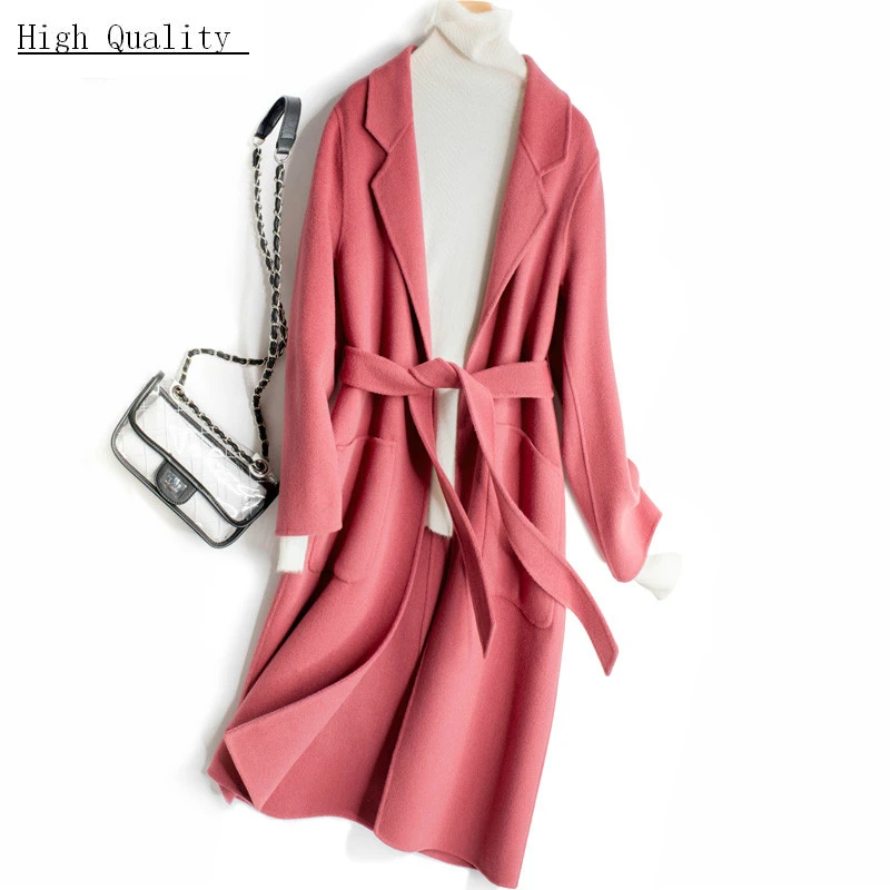 

Women Coats Autumn Winter 100% Wool Coat Female Korean Fashion Long Clothes Elegant Lady Spring Jacket with Belt LWL1296