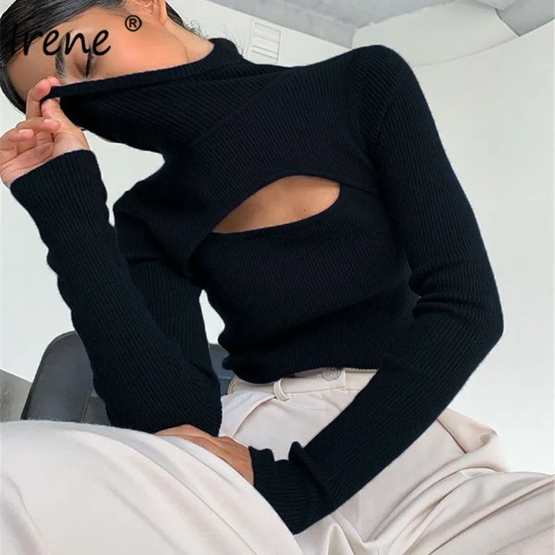 Вязаный топ Irene с высоким воротником в рубчик повседневный тонкий свитер джемпер