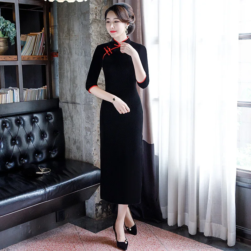 Винтажное, черное, бархатное Для женщин Qipao большой Размеры 3XL-5XL китайское платье Сексуальная Высокая Разделение Vestidos Традиционный китайский женский халат со стоячим воротником, с цветочным принтом