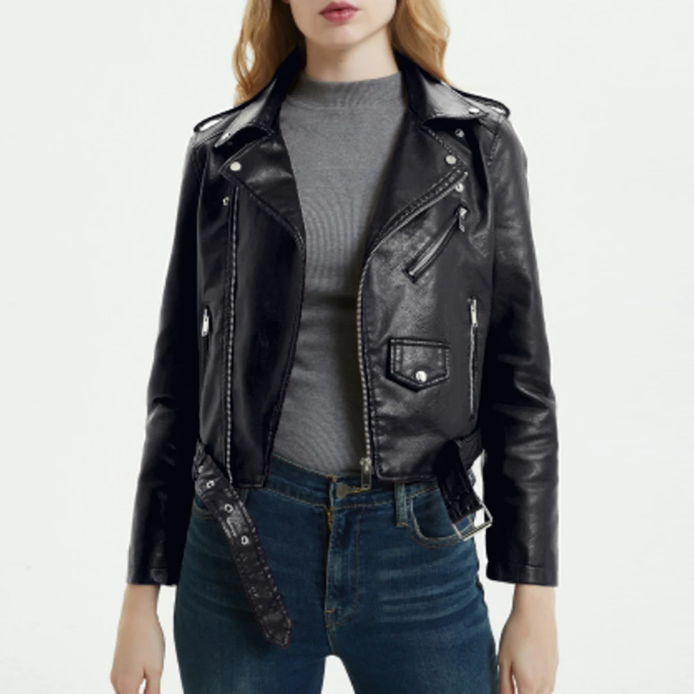 

2019 Fashion Women Autunm Winter Faux Leather Jackets Lady Bomber Motorcycle Cool Outerwear Coat with Belt Hot Sale