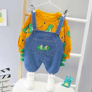 

Autumn Long Sleeve Cartoon Dinosaur T-shirt Tops + Denim Jeans Overalls Trousers Girls Baby's Sets Kids Children 2Pcs Suits