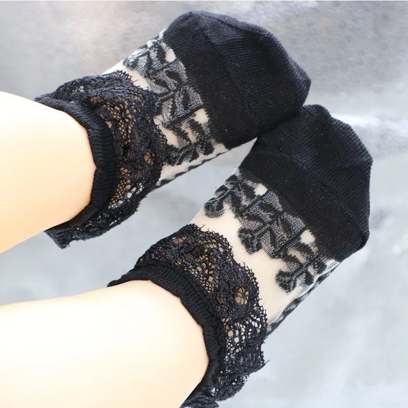 Детские носки-тапочки для малышей милые эластичные носки в горошек для малышей хлопковые нескользящие От 1 до 3 лет носки и милые кружевные летние носки с цветочным узором От 0 до 1 года - Цвет: Black