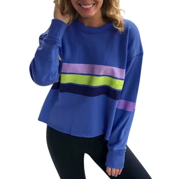 

Women's Causal Loose Sweatshirt Autumn New Loose Sleeve Simple Pullover Female Round Collar Patchwork Striped Sweatshirt Tops