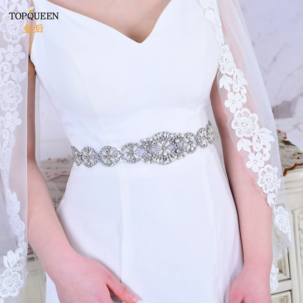 TOPQUEEN S161 White Wedding Belts Silver Rhinestone Belt Accessories for Bride Crystal Formal Dress Belt Gown Sash Bridal Belt