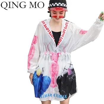 

QING MO White Women Hooded Sun Protection Coat 2020 Women Cartoon Coat With Adjustable Waist Female Summer Thin Coat ZQY3808
