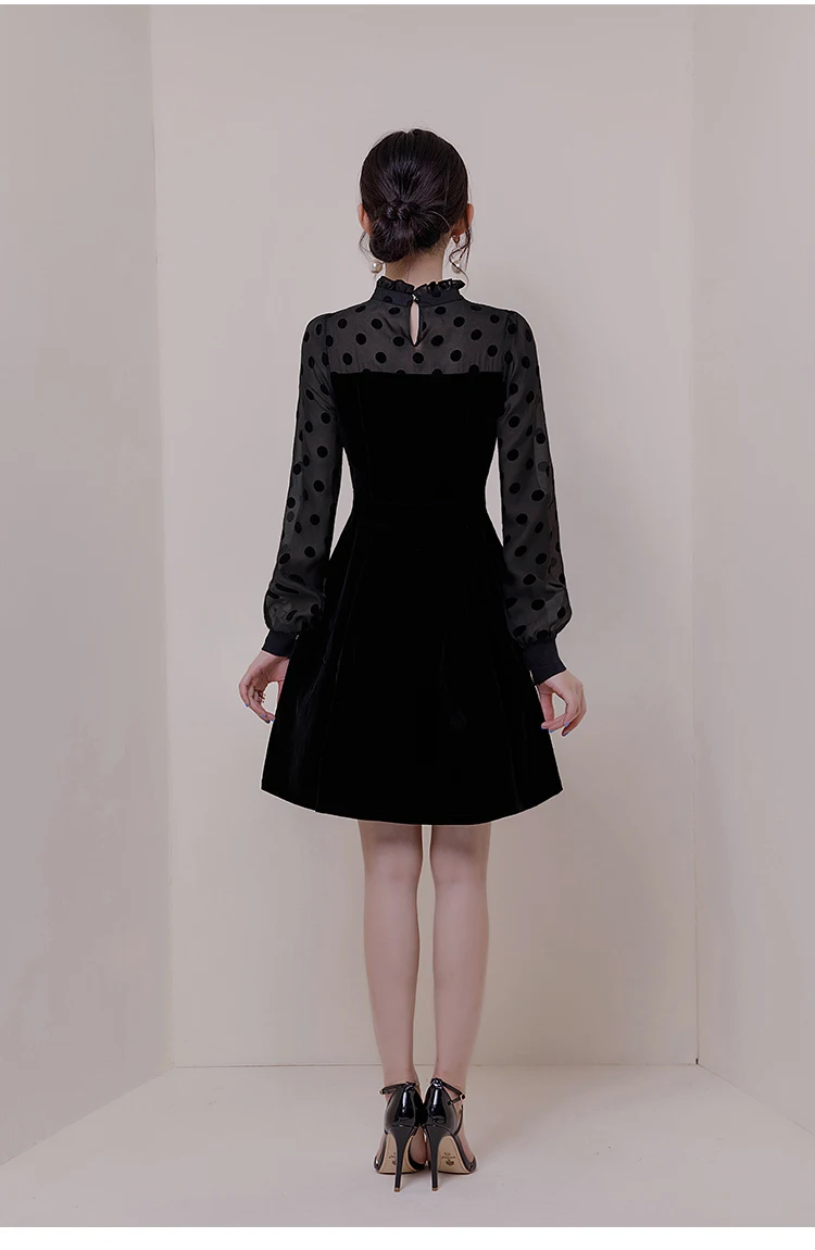 KAUNISSINA Элегантное коктейльное платье в горошек, бархатное, лоскутное, черное, вечерние платье с длинным рукавом, с высоким воротом, торжественное, банкетное платье, Vestido
