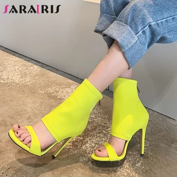 

SARAIRIS Sexy Genuine Leather Female Dress Party Clubwear Sandals Sandals Women Open Toe Zipper High Heels Shoes Woman