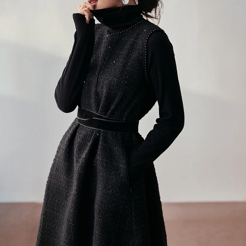 Temperament little fragrance vest dress female autumn and winter new intellectual lace-up slim mid-length skirt