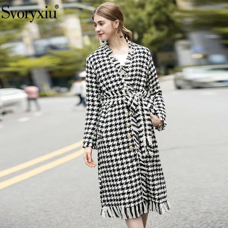 

Svoryxiu Designer Winter Houndstooth Wool Blend Overcoat Outwear Women's Long Sleeve Single Breasted Tassel Lace up Outwear