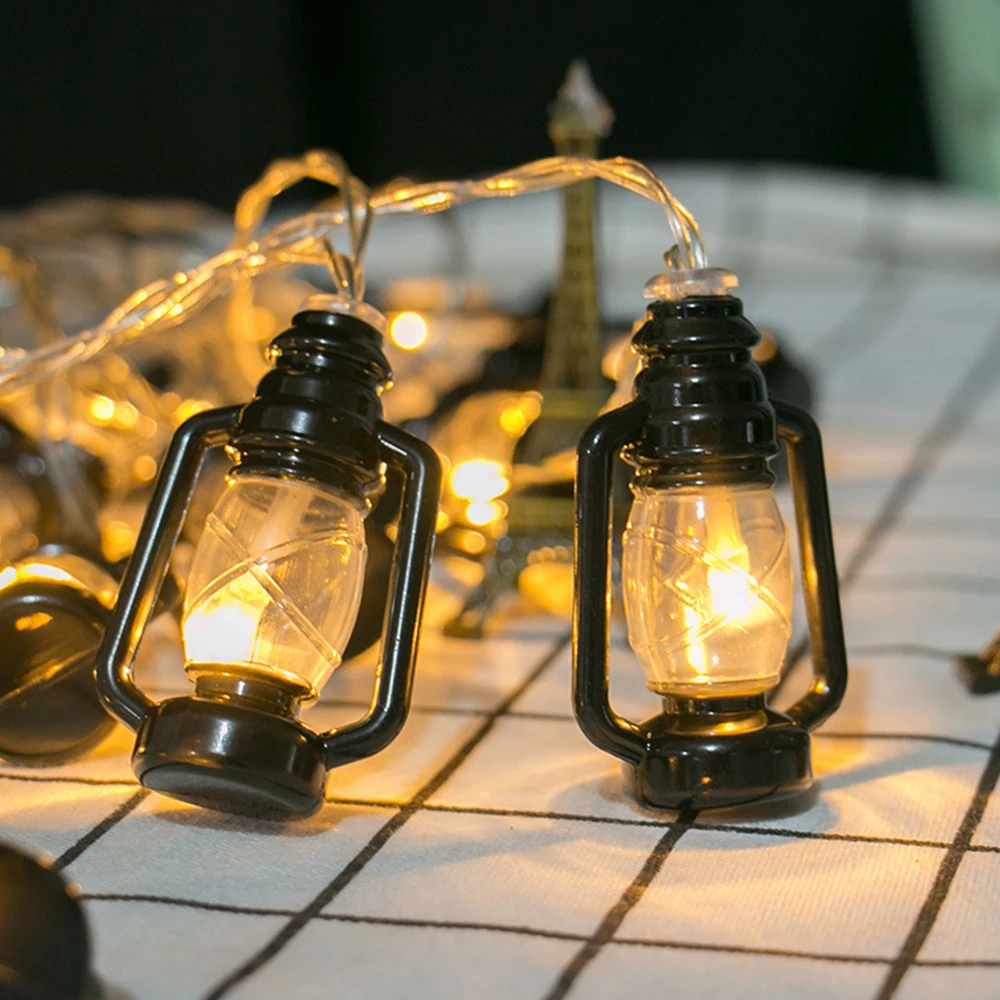 10led 1.5m Battery Powered Light Up Lantern Hanging Camping Kerosene Oil Lamp LED Garland String Halloween Lights Retro