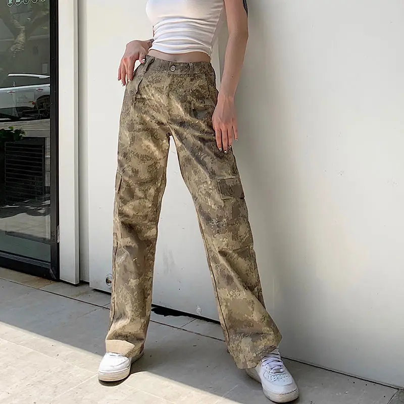 

Desert Camouflage Cargo Pants Women Handsome High Waist Loose Straight Trousers Pocket Wild Pure Cotton Casual Pants Female