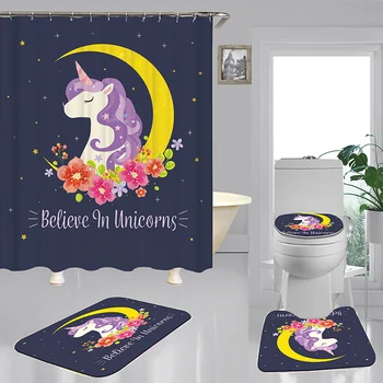 

Cartoon Cute Horse Shower Curtain 4 Piece Set For Girl Carpet Cover Toilet Cover Bath Mat Pad Unicorn Home Bathroom Decoration
