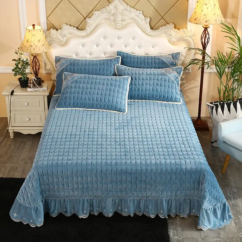Super Soft Solid Quilted Bed Quilted Bedspread Bed Cover Winter style Warm Fleece Chic 250X250cm/250X270cm Bed spread Pillowcase - Цвет: Color 4