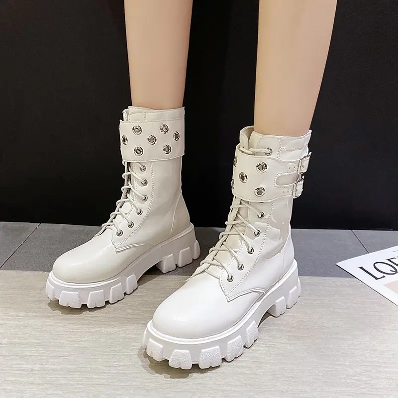 

Mid-calf motorcycle boots med pu square heel platform boots lace-up buckle strap womans shoes round toe punk shoes
