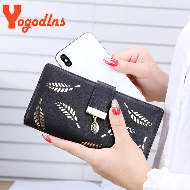 Leaf Hollow Wallet Female PU Leather Handbag Long Zipper Clutch Card Holder Coin Purse Multi-layer Phone Bag