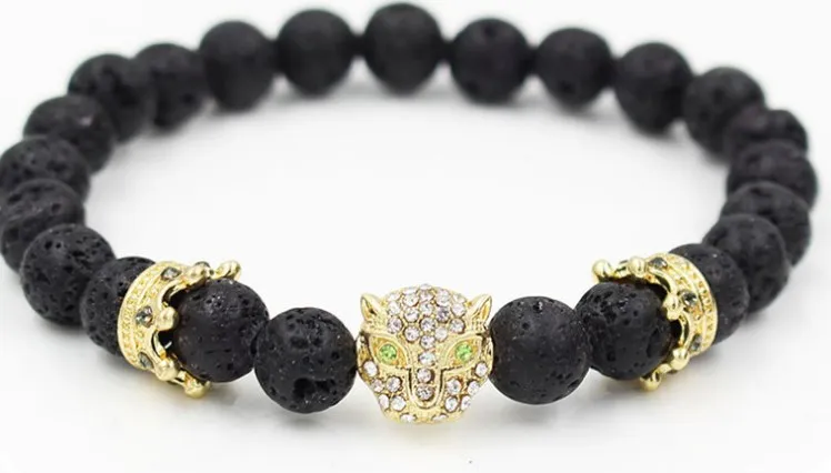 8mm trf3 gold silver micro pave cz zircon cubic zirconia Bracelet elastic adjusted bead lion black stone volcanic lava Bangles | Украшения