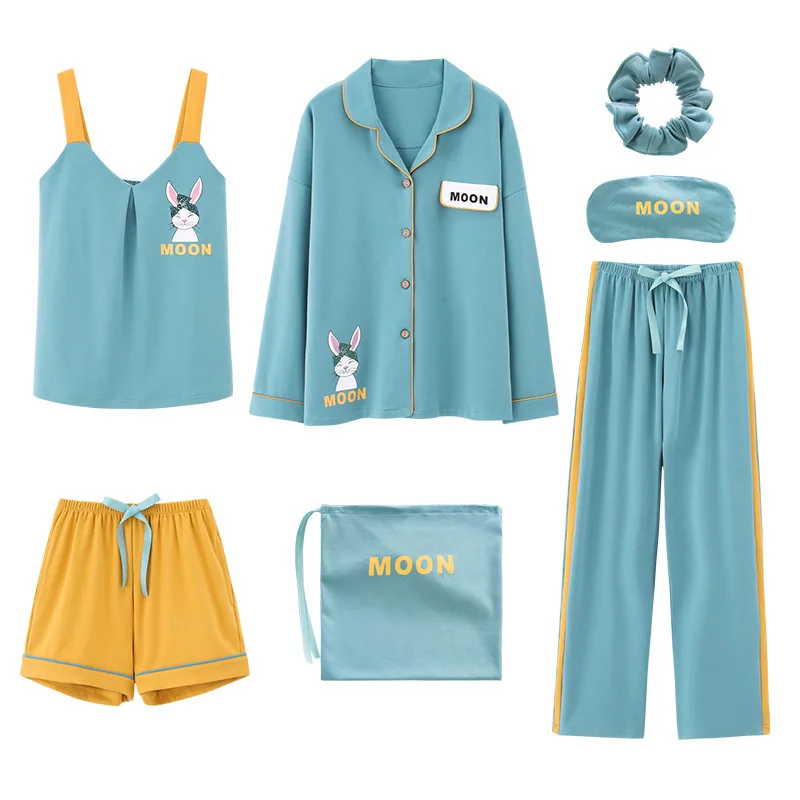 

SP&CITY 5PCS Fresh Blue Cartoon Rabbit Pajamas Set Women All Season Letter Print Sleepwear Student Girls Homewear Suit Leisure