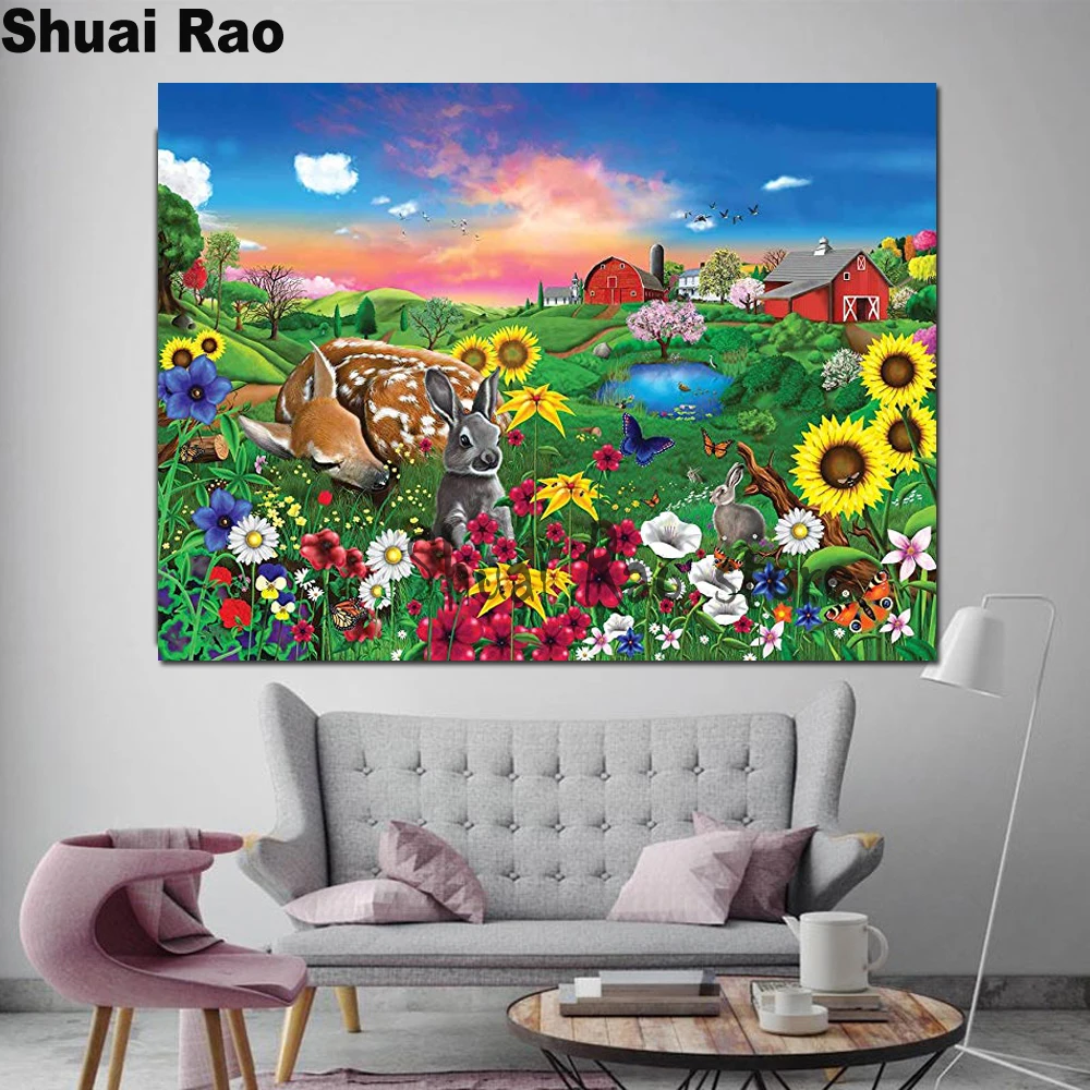 

Spring landscape diamond painting full square/round diamond embroidery cross stitch diy diamond mosaic deer rabbit flower art,