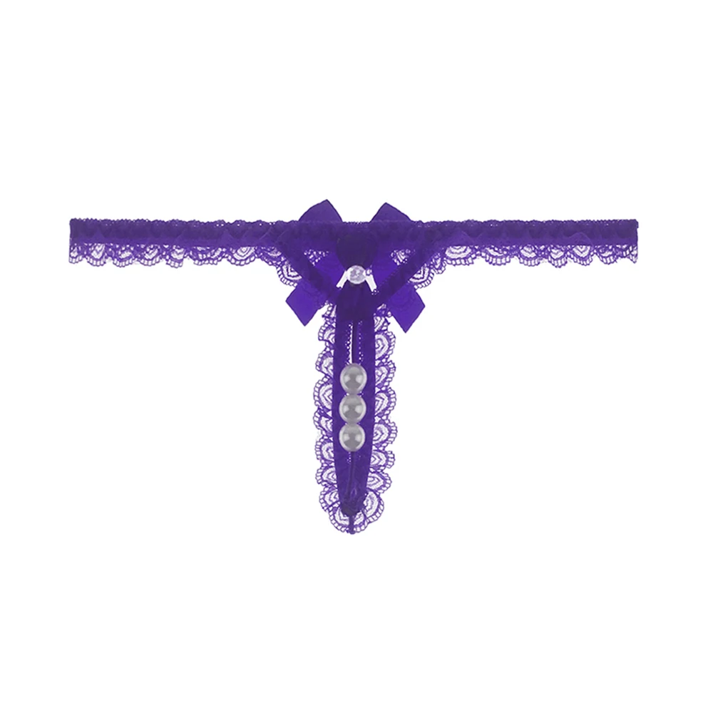 Женские сексуальные трусики-стринги без выреза из искусственного жемчуга с кружевным бантом, трусики-стринги с жемчугом - Цвет: purple