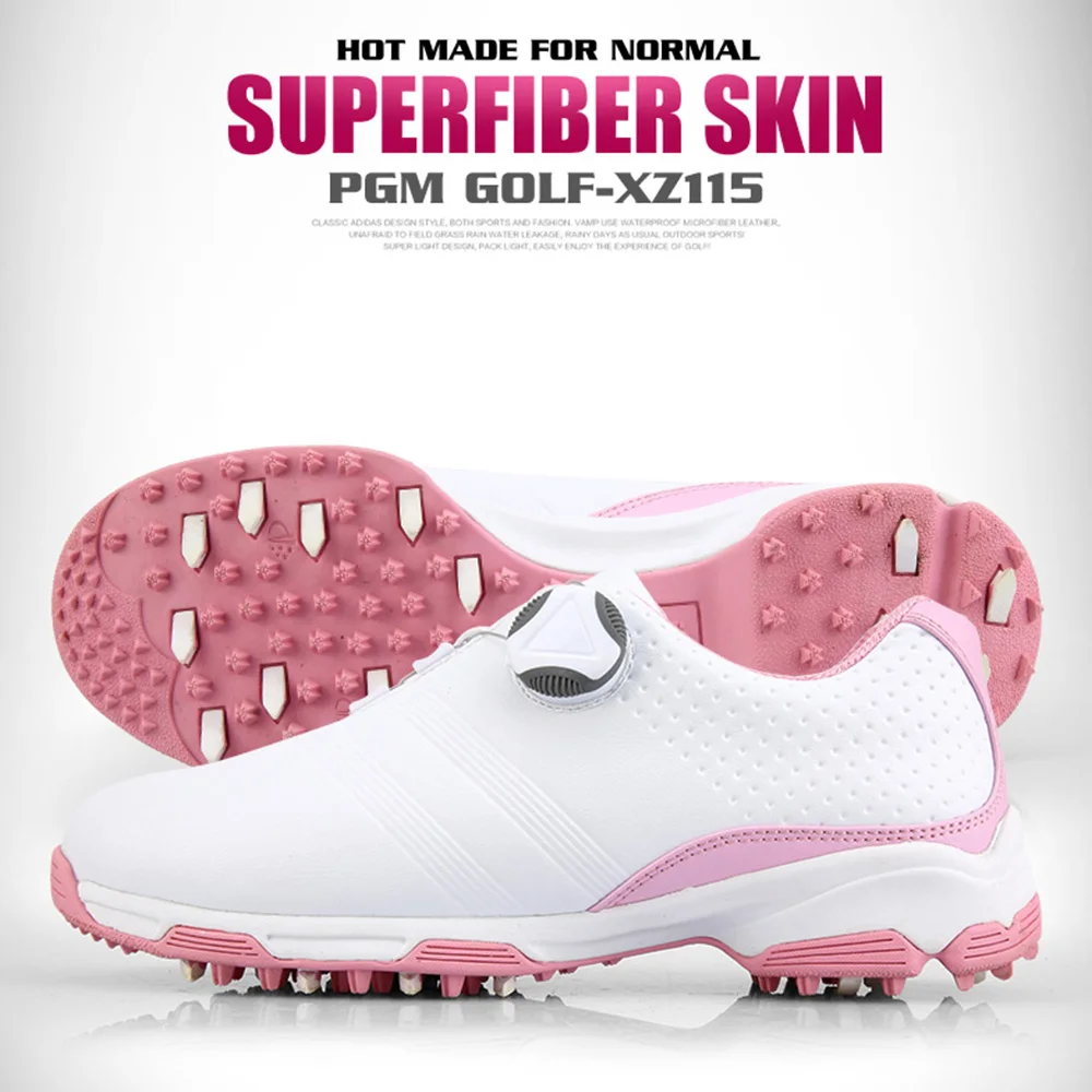 PGM/обувь для гольфа; женские дышащие кроссовки с вращающейся пряжкой; женская обувь для гольфа на шнуровке из водонепроницаемого микроволокна с нескользящей подошвой; спортивная обувь - Цвет: White Pink