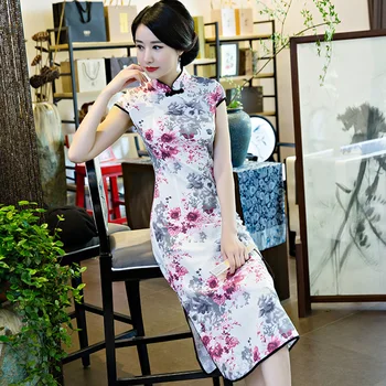 

Vintage Print Flora Cotton Linen Women Long Qipao Summer Short Sleeve Stage Show Cheongsam Plus Size 3XL Chinese Clothing Gown