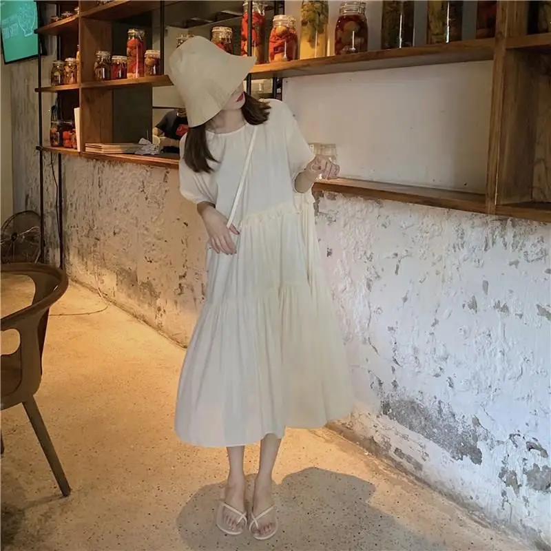 Mooie Zomer Vrouwen Casual Solid Loose Jurk Korea Femme Korte Mouw Midi Jurk O-hals Gewaad Ruche Zoete Jurk Mooie Zomer Vrouwen Casual Solid Loose Jurk Korea Femme Korte Mouw Midi Jurk O-hals Gewaad Ruche Zoete Jurk