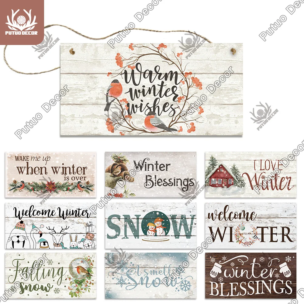 Putuo Decor Winter Wooden Sign Rustic Garden Hanging Plaque Gift Tag for Wall Backyard Art Home Decoration | Дом и сад