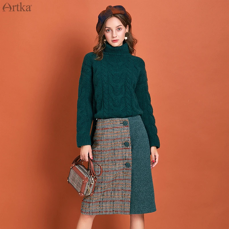 ARTKA Осень Зима Новая женская юбка винтажная Клетчатая Шерстяная Юбка с высокой талией модная однобортная юбка для женщин QA10191D