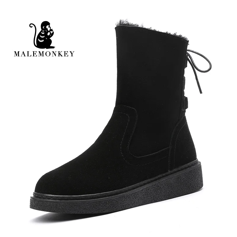 Malemonkey/Size35-40 зимние теплые модные женские ботинки на шнуровке с круглым носком зимние ботинки - Цвет: Black