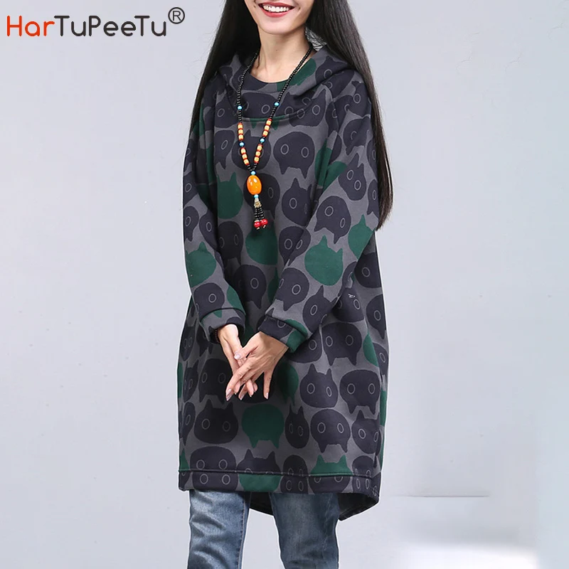 

Winter Hoodies Dress Women Oversized Warm Fleece Lining Hooded Sweatshirts Print Back Split Pockets Irregular Hem Thick Coat