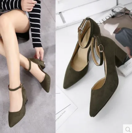 

Spring 2017 New Style Straight-line Buckle Pointed-Toe High Heel Shoes Women's Chunky-Heel Low-Cut Versatile Hallow Bandage Clot