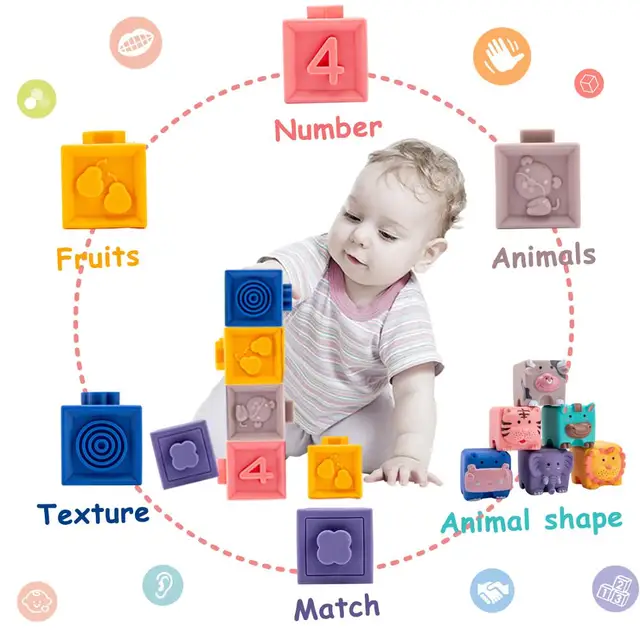 12pcs Baby Sensory Toys Building Silicone Blocks Grasp Toy 3D Silicone Building Blocks Soft Ball Kid Rubber Bath Cube Baby Toy 2