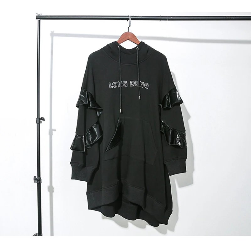 [EAM] Loose Fit Asymmetrical Ruffles Oversized Sweatshirt New Hooded Long Sleeve Women Big Size Fashion Autumn Winter 1K444