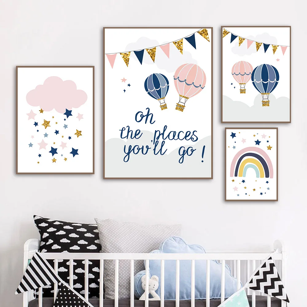 

Hot Air Balloon Babi Nordic Poster Painting Wall Pictures Baby Girl Wall Paintings For Bedrooms Nursery Pink Cloud Wall Poster