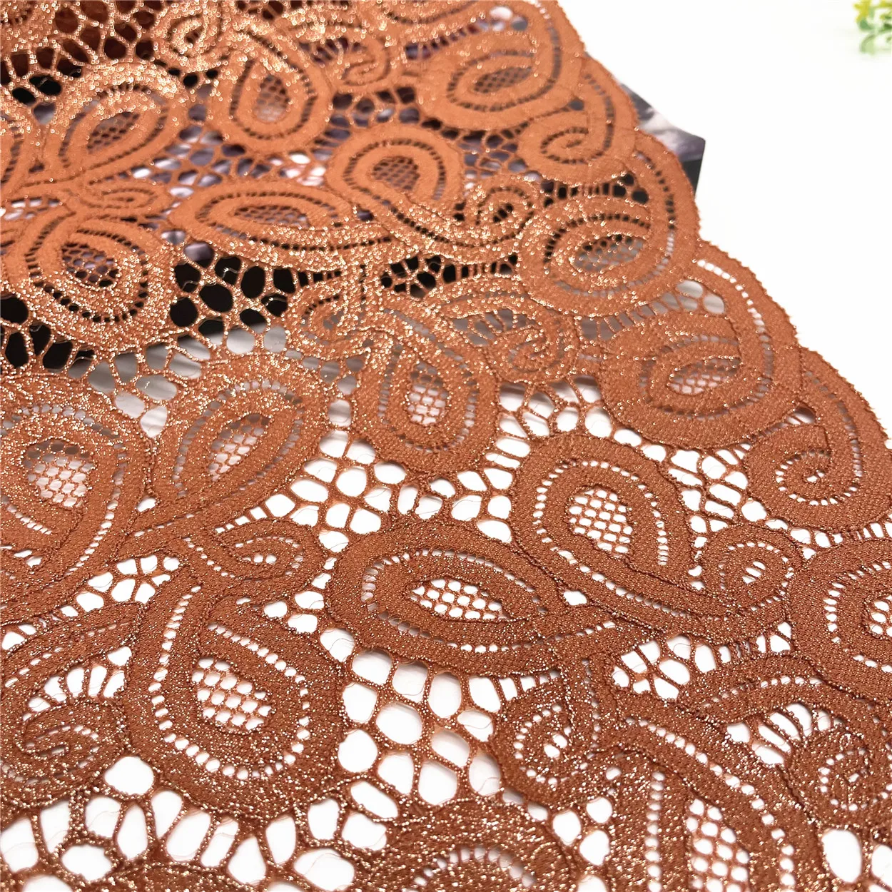3y/lot Width 9 inch 23cm Tan With Without Foil Elastic Stretch Lace Trim Shimmer 2