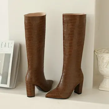 

2020 New Women Knee High Boots Fashion Pointed Toe Square Heel Ladies Boots Slip on Women Winter Shoes Black Yellow Brown