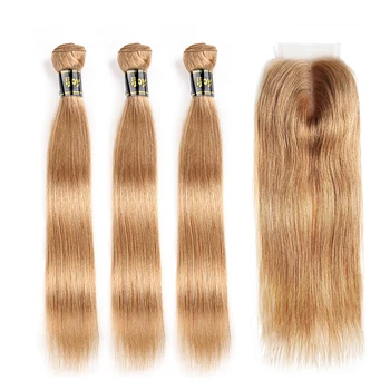 

Human Hair Bundles With 4x4 Closure Brazilian Hair 3 Bundles With Closure Honey Blonde Colored Straight Bundles Non-Remy IJOY