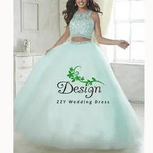 Зеленый два предмета Кружева и тюль Совок Тюль Мать невесты платья для свадьбы бисером кристаллы Полный Длина сладкий 16 платье