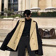 Осенняя ветровка, мужская мода, контрастный цвет, повседневный ремень, двубортное пальто, Мужская Уличная одежда, свободная длинная куртка, Мужское пальто